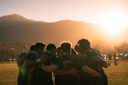 A rugby team huddles together on a grassy field, silhouetted against a setting sun. The image features warm tones and golden light, with a mountain range providing the backdrop. This photograph evokes a sense of teamwork and camaraderie, suitable for various editorial and promotional purposes.の素材
