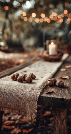A close-up view presents a wooden table adorned with acorns and a lit candle. A neutral-toned linen runner adds texture. The soft lighting creates a warm atmosphere. This image could be used for lifestyle, design, or seasonal themes.の素材