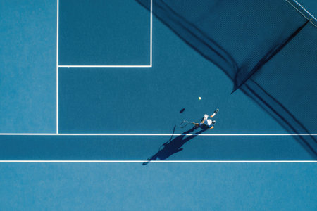 An overhead shot captures a tennis player in motion, serving a ball on a blue court. The composition features white court lines and the net, casting long shadows. The overall aesthetic is clean with a focus on form, suitable for various editorial and commercial applications.の素材