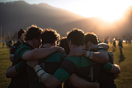A rugby team huddles together on a green field at sunset. Players wear green and black uniforms, with arms around each other. The composition features a shallow depth of field, with the sun creating a warm glow. The image could be used for sports, teamwork, or community themes.の素材