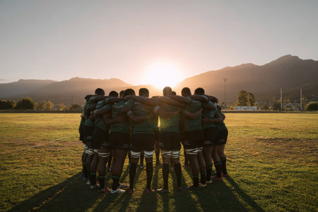 A rugby team huddles together on a grassy field, bathed in the warm light of a setting sun. The composition features a low-angle shot, with the players silhouetted against the bright sky. The scene conveys a sense of teamwork and camaraderie suitable for various commercial and editorial applications.の素材