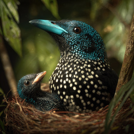 A close-up captures a starling bird with its chick nestled in a woven nest. The image displays the adult bird's speckled feathers and vibrant blue beak. Warm light illuminates the scene, highlighting the textures of the nest and foliage. Suitable for various editorial and commercial projects.の素材