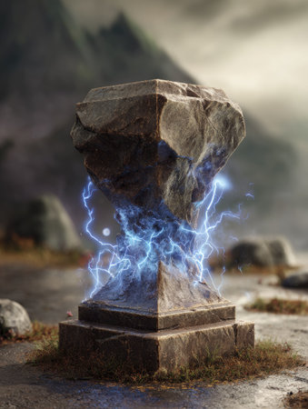 A stone monument stands prominently, displaying intricate textures and varying shades of gray. Blue energy emanates from the monument, creating a dynamic visual effect. The backdrop presents a blurred landscape with mountains, suggesting an outdoor environment. This image could be suitable for fantasy themes or as an element for digital design, providing ample copy space.の素材