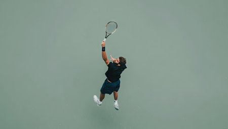 A tennis player is captured mid-air, poised to hit a tennis ball with their racket. The image presents a clean composition, showcasing the athlete's action against a simple, solid-colored backdrop. It could be used in promotional materials for sports, fitness, or general health and wellness concepts.の素材