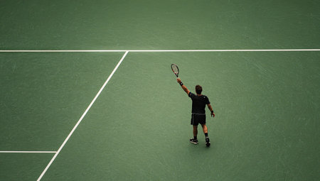 A tennis player, viewed from behind, celebrates a victory on a green court. The composition features clean lines and a minimalist aesthetic. The lighting appears even, suggesting an outdoor setting. This image is suitable for various commercial uses, including sports-related articles and advertising materials.の素材