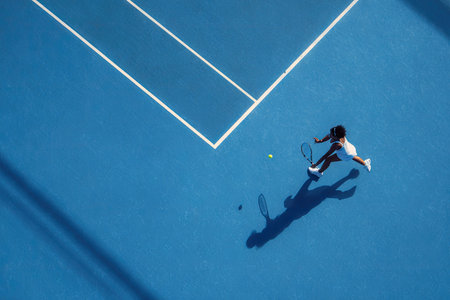 An aerial view presents a tennis player in action on a vibrant blue court, poised to hit the ball. The scene features crisp white court lines and the player's shadow. This dynamic composition, illuminated by sunlight, could be used for sports, fitness, or wellness-related content, offering visual interest.の素材