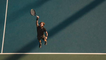 An overhead view captures a tennis player in mid-action, poised to hit the ball. The scene features a teal-colored court with white lines and long shadows. The player is dressed in dark clothing, their form suggesting athleticism. Suitable for sports and active lifestyle content, as well as editorial applications.の素材