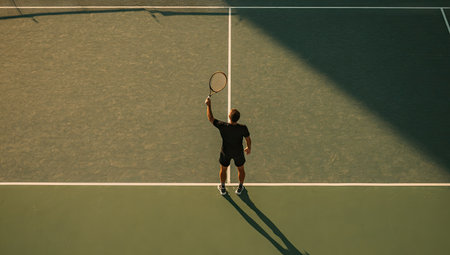 An overhead perspective reveals a tennis player standing on a court, racket raised high. The scene showcases strong sunlight and shadows creating a dynamic composition. Green and white court lines provide structure. This image has potential for commercial and editorial applications, suitable for sports-related projects.の素材