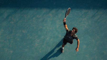 An overhead shot captures a tennis player mid-action on a vibrant blue court. The athlete, wearing dark sportswear, is reaching upwards with a racket, creating dynamic lines. The scene features strong natural light and shadows, emphasizing the active pose. This image is suitable for sports and fitness-related projects, offering visual interest.の素材