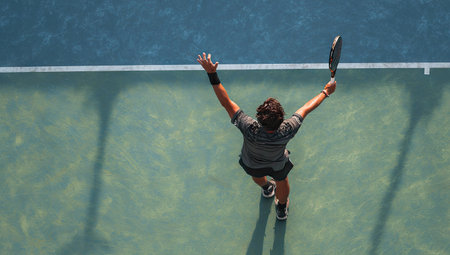 An overhead shot shows a tennis player celebrating with arms raised. The individual is on a blue court with a green area visible. The image features natural lighting and a top-down perspective, highlighting the action. Suitable for editorial content and sports-related commercial projects.の素材