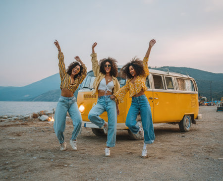 Three young women are joyfully dancing in front of a yellow van, with arms raised. They are styled in casual clothing, with a natural daylight setting. The scene includes a beach and coastal backdrop. Suitable for lifestyle, travel, or fashion-related applications.の素材