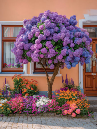 A striking tree showcases a profusion of purple and pink hydrangea blossoms. The image presents a lush arrangement of flowers in varying hues. The scene includes a building exterior with windows and a door, suggesting an outdoor setting. The image may be used for decorative, commercial, and editorial purposes.の素材