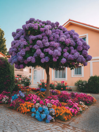 A flowering tree showcases abundant purple blooms, contrasting against the building's exterior. Ground-level flowerbeds exhibit a variety of colorful blossoms. The scene, bathed in daylight, implies a suburban residential area. It offers potential for illustrative applications, suitable for designs and editorial uses.の素材