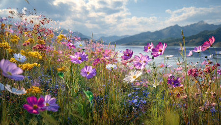 A field of colorful wildflowers blankets the foreground, with various hues of pink, yellow, and purple. The scene is illuminated by natural sunlight, with a lake and mountains in the background under a partly cloudy sky. This image may be suitable for use in advertising, editorial content, or design projects.の素材