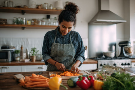 A woman stands in a bright kitchen, meticulously slicing carrots on a wooden cutting board. The image showcases a focus on fresh ingredients and healthy eating. Overhead lighting illuminates the scene, highlighting the textures and vibrant colors. The photograph is suitable for illustrating culinary practices and lifestyle content.の素材