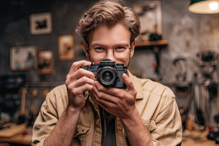 A young man with glasses is holding a camera, ready to take a picture. The image features soft lighting and a focus on the subject and the camera. The background suggests an indoor setting with various objects. This image could be used for various commercial or editorial purposes.の素材