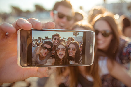 A group of people are seen taking a selfie with a smartphone, capturing smiles and joy. The image displays a shallow depth of field, with the focus on the phone screen. Warm colors and soft lighting suggest a daytime outdoor setting. Suitable for various editorial and commercial applications.の素材