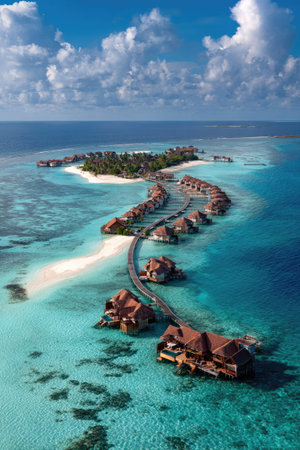 An overhead shot showcases an island resort with numerous overwater bungalows extending into the vibrant turquoise ocean. The image captures the natural beauty of the environment, with sandy beaches and lush greenery. This photograph is ideal for travel, tourism, or lifestyle publications and commercial projects.の素材