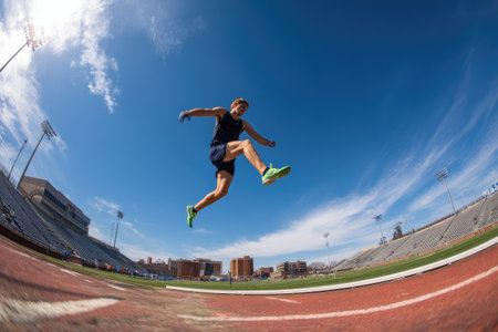 An athlete is captured mid-air, executing a jump under a sunny, bright blue sky. The image displays dynamic movement and action against a backdrop of a stadium and track. This composition features vibrant colors, potentially suitable for advertising, fitness, or sports-related content.の素材