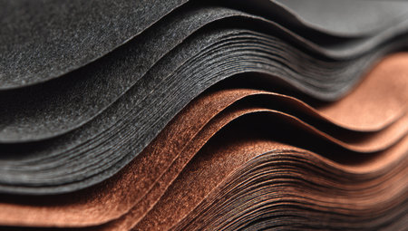This macro photograph reveals stacks of paper with varying shades of gray and brown. The image displays a wave-like pattern created by the layered sheets. The textures exhibit a tactile quality, suggesting a studio setting with soft lighting. Suitable for artistic backgrounds, design elements, and various commercial applications.の素材