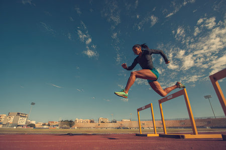 An athlete is captured mid-jump, clearing a hurdle on a track. The image highlights athletic motion, with focus on action and speed. The composition uses a low-angle perspective, emphasizing movement and competition. It has potential uses for sports, fitness, and training articles.の素材