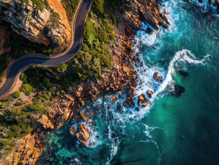 An overhead shot showcases a serpentine road hugging a rugged coastline. The image displays a contrast of textures, with rough rock formations and the smooth curve of the asphalt. The vibrant turquoise water meets the land, suggesting a coastal setting, captured in daylight. This image could be used for travel, nature, or scenic themed projects.の素材