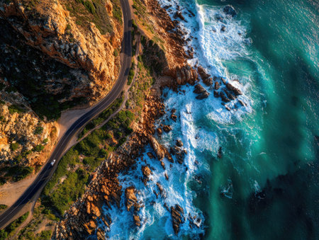 An aerial perspective showcases a road winding along a rugged coastline, defined by rocky cliffs. The turquoise water crashes against the shore, creating white foam. Warm sunlight bathes the scene. This image is suitable for various commercial uses, including travel, nature, and scenic content.の素材