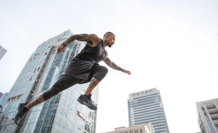 An athlete is captured mid-air, leaping dramatically in an urban environment. The image features a low-angle perspective with the subject set against a backdrop of modern buildings and the sky. The overall style is dynamic, suggesting action and movement, with a focus on fitness and urban exploration for commercial applications.の素材