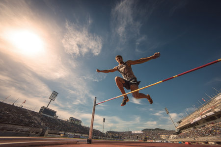 An athlete is captured mid-jump, successfully clearing the high bar in an outdoor competition setting. The image displays a clear blue sky with some clouds, and the composition focuses on the athleticism and determination of the subject. The style has a vibrant, sporty feel, making it suitable for sports-related marketing or editorial purposes.の素材