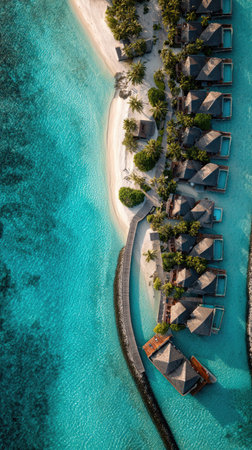 An aerial perspective showcases a tropical resort with turquoise water and beachfront villas. The composition highlights a series of overwater bungalows alongside a sandy shore. Lush green vegetation contrasts with the blue hues of the sea. Suitable for travel brochures, tourism websites, and editorial content.の素材