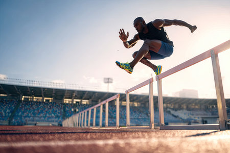 An athlete is captured in mid-air, leaping over a hurdle. The image displays dynamic movement and showcases the athlete's athleticism. The lighting is bright and emphasizes the outdoor setting. This photograph could be useful for commercial projects that focus on sports, fitness, and competition.の素材