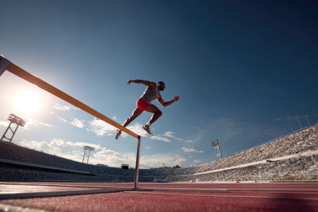 An athlete is captured mid-leap over a hurdle on a track. The image displays dynamic movement and is set against a bright, cloudless sky. The composition emphasizes action and determination, potentially suitable for promotional materials or content related to sports and competition.の素材