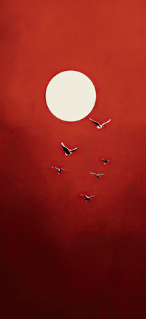 Several birds are captured mid-flight, silhouetted against a gradient red background. A large, bright circle provides contrast to the darker shades. The composition offers a conceptual representation suitable for multiple uses, including artistic, editorial, and commercial applications, where the interplay of light and shadow can be highlighted.の素材