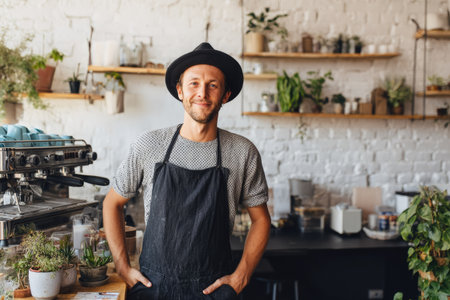 A barista stands smiling in a bright cafe setting, wearing an apron and hat. The image showcases a light and airy ambiance with white walls, wooden shelves, and various potted plants. The composition includes an espresso machine, suggesting a coffee shop environment, suitable for advertising, and editorial content.の素材