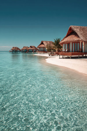 Several bungalows are situated along a sandy beach with clear, turquoise water in this image. The structures feature thatched roofs and wooden elements. The composition is bright with natural sunlight and a clear blue sky. It could be used for travel, tourism, or vacation related marketing materials.の素材