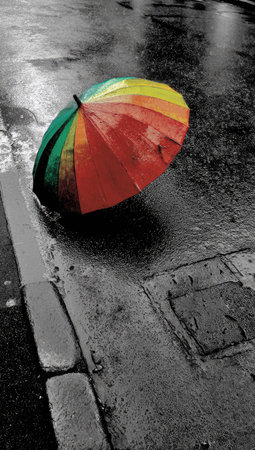 A vibrant rainbow-colored umbrella rests against the curb of a black and white street. The image displays a wet, reflective surface suggesting recent rainfall. Its composition emphasizes the contrast between the vivid umbrella and the muted surroundings, conveying a sense of weather and protection, suitable for various editorial and commercial applications.の素材
