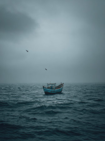 A small boat floats on a vast ocean under a somber, overcast sky. The image showcases the boat's weathered appearance and the rough texture of the water. Overhead, two birds are captured in flight. This serene yet isolated scene could be suitable for editorial and commercial applications.の素材