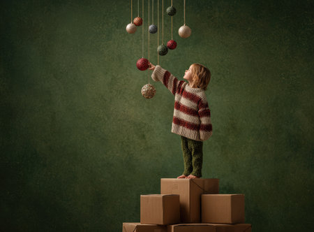 A young child, illuminated by soft lighting, reaches upward toward a series of hanging decorative spheres. The scene is composed against a textured green backdrop and features a pile of cardboard boxes. The composition suggests a festive or playful atmosphere, suitable for various editorial and promotional applications.の素材