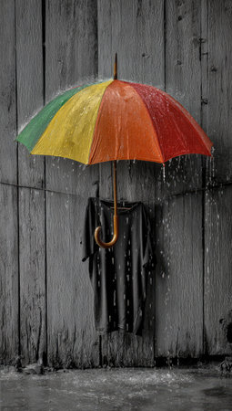 An open, multi-colored umbrella shields a dark shirt hanging against a grey wooden wall. Raindrops cascade downwards creating a dynamic visual. The composition utilizes a contrasting color palette and texture. This image could be suitable for a variety of editorial or commercial purposes.の素材