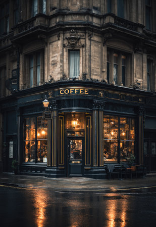 An inviting cafe displays a classic design with large windows and a subtle color palette. The scene showcases architecture details and a cozy interior with warm lighting. This image can be used in publications and promotional content related to lifestyle, travel, and food industry.の素材