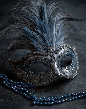 An ornate Venetian mask with blue feathers and sparkling embellishments rests on a dark surface. The image features a shallow depth of field, with soft lighting enhancing the textures and details. A beaded necklace complements the mask. Suitable for use in design projects, editorial features, and advertising.の素材
