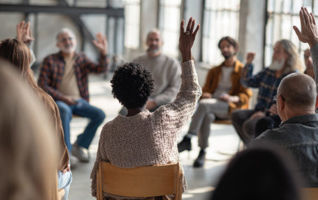 A diverse group of people are seated in a circle, some with raised hands, inside a building. The lighting is soft and natural. Various skin tones and ages are visible, and the composition suggests a communal setting. Suitable for illustrating collaborative efforts or discussions in a professional environment.の素材