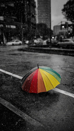 A vibrant umbrella in primary colors rests on a rain-slicked road. The image presents a color contrast against a grayscale city environment, with buildings and vehicles subtly blurred in the background. The scene suggests an urban setting, likely during the day, suitable for various editorial and commercial projects.の素材