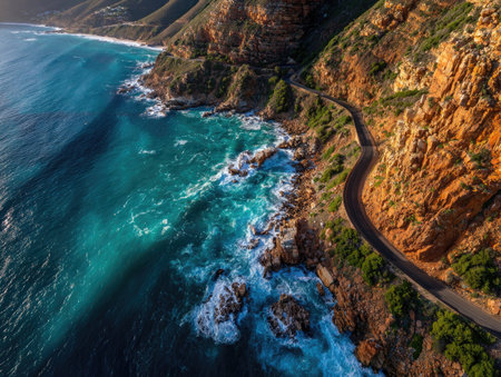 An aerial perspective showcases a coastal road winding along cliffs beside a turquoise ocean. The scene is dominated by natural elements: rugged rock formations, crashing waves, and a winding road. The image's composition and lighting suggest a daytime setting, suitable for commercial or editorial applications related to travel or nature.の素材