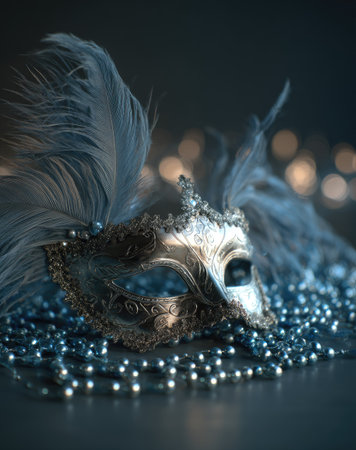 A close-up view displays an ornate masquerade mask adorned with delicate feathers and sparkling pearls. The mask, in silver and gold tones, sits against a blurred background of soft lights, creating a mystical atmosphere. The image utilizes shallow depth of field, suitable for luxury, entertainment, or design applications.の素材