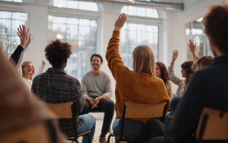 A group of people are seen raising their hands in a bright, open room. The image features various skin tones and casual attire, suggesting a collaborative environment. The lighting is natural, and the composition focuses on the gesture. This image is suitable for various commercial uses, including editorial and promotional content.の素材