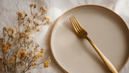 An overhead view reveals a plate and fork set alongside dried floral elements. The composition features soft lighting and neutral tones, with focus on the textures of ceramic and metal. This arrangement suggests a simple aesthetic suitable for commercial and editorial applications.の素材
