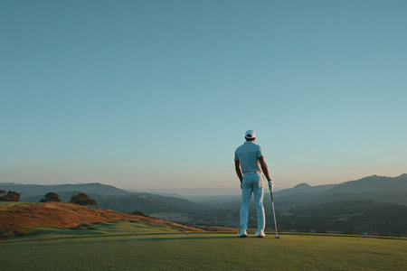 A golfer stands on a green, facing a vast landscape. The scene features natural light, with the sun low in the sky. The composition is wide, capturing the expansive environment. Suitable for editorial and commercial use, the image provides ample copy space and a tranquil mood.の素材