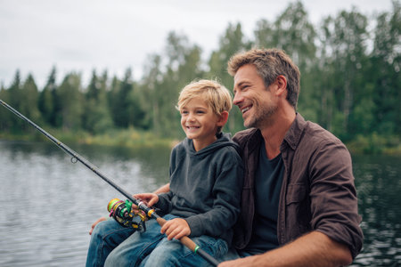 A man and a young boy sit together, holding a fishing rod near a tranquil lake. The composition features soft lighting, with a focus on their faces and the surrounding water. The scene likely takes place outdoors, possibly during the daytime. This image is suitable for various commercial uses related to family and leisure.の素材