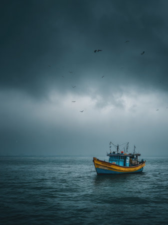 A small fishing vessel floats on tranquil water under a dark, overcast sky. The boat, with a blue and yellow hull, is the primary subject, contrasted against the muted blue-green water. The composition is simple, with emphasis on the boat and vast expanse of the sea. Suitable for editorial and commercial applications.の素材